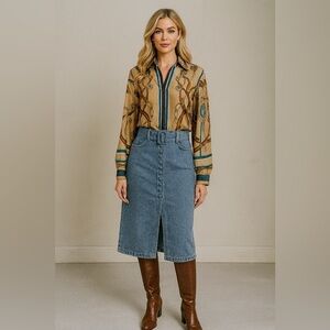 May by Shining Star Denim Midi Skirt European Stretch Belt Buttons Mid Wash S​​​